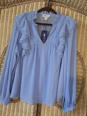 NWT TOWERHILL Blue Ruffle V-Neck Blouse XL